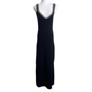 NWT CAROLINE CONSTAS BLACK RIBBED KNIT SLEEVELESS EMBROIDERED MIDI DRESS